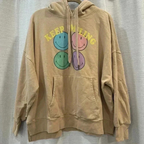 American Eagle Keep Smiling Big Hug Hoodie Women’s Size Medium Tan - Picture 1 of 7